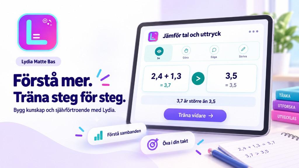 Lydia Matte Bas – visuell adaptiv matematik med jämförelse av tal och uttryck, steg-för-steg-träning i egen takt
